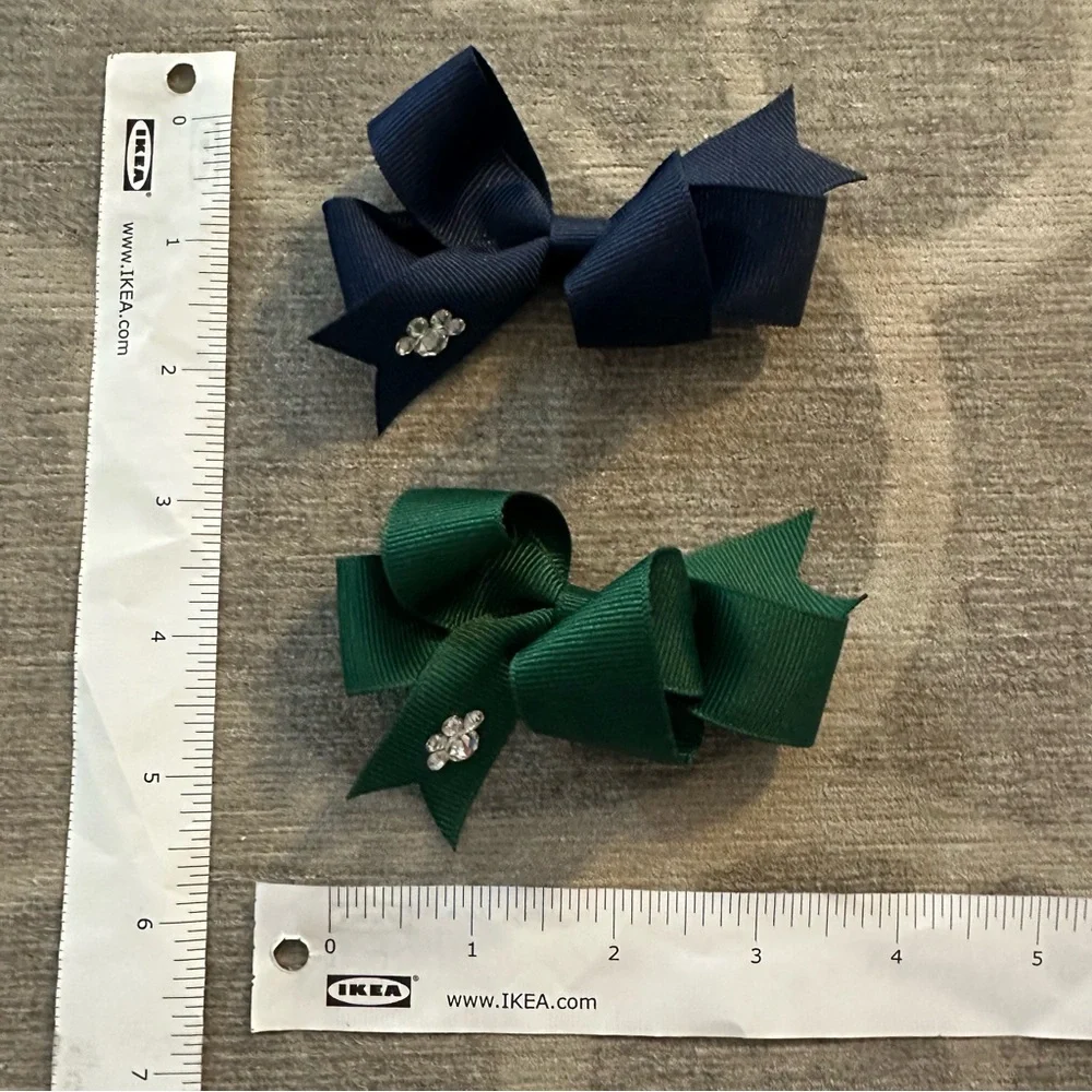Hair Bows Navy & Green w paw print rhinestone embellishments